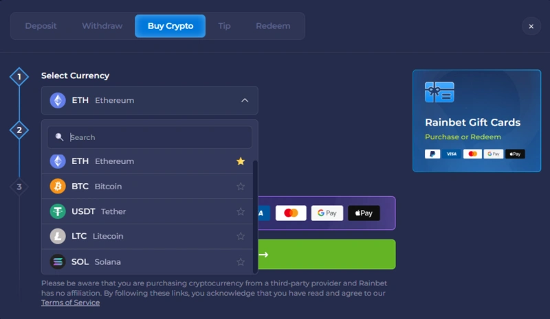rainbet crypto page