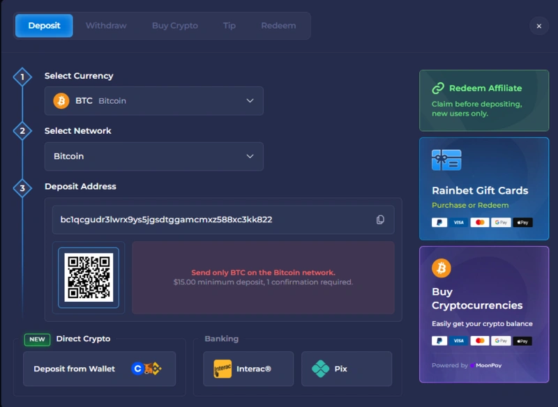 rainbet deposit page