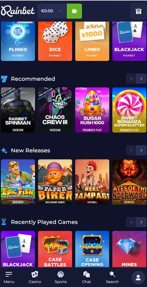 rainbet mobile home page